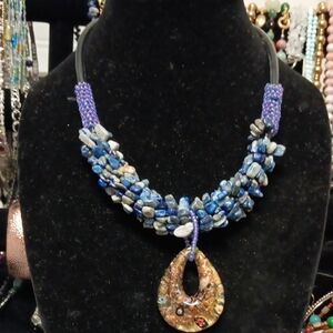 Blue Beaded Sodalite & Teardrop Murano Glass Pendant Leather Cord Necklace